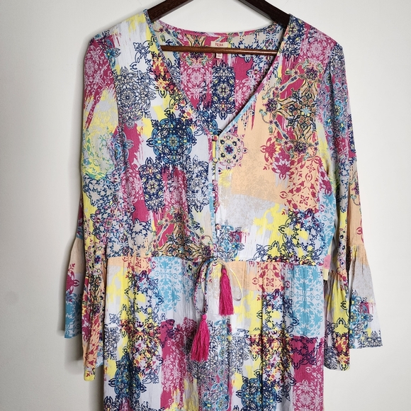 Reba Vintage Boho Patchwork Multi Print Bell Sleeve Midi Dress Med Garden Girl - Picture 2 of 13